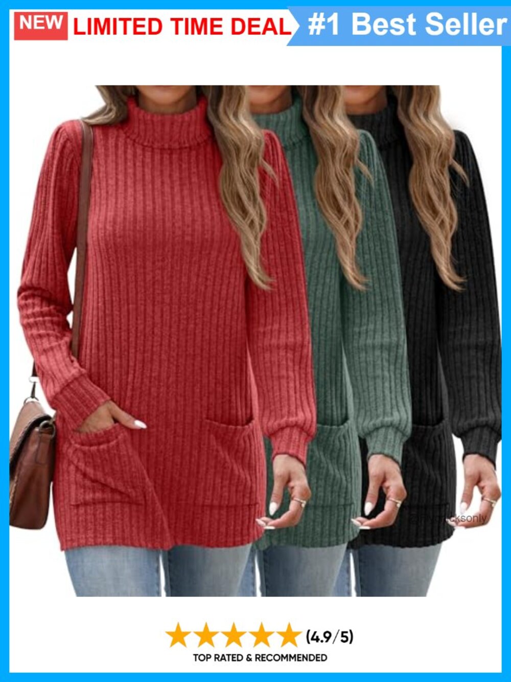 Women's Turtleneck Long Sleeve Sweater 3 Pack Ribbed Pullover Tunic Pockets
